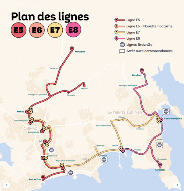 route map of the Carnac - La Trinite-sur-Mer shuttle bus lines